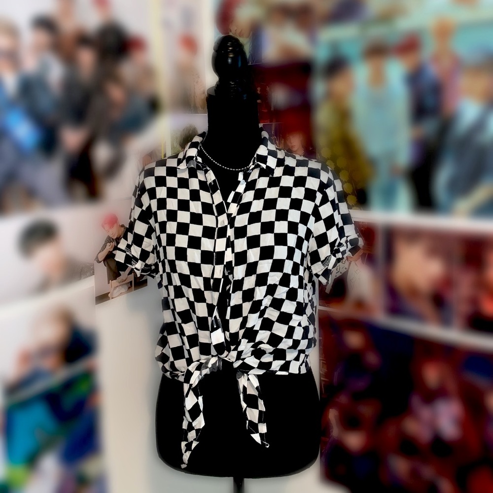 Checkered Button Down Shirt with Front Tie